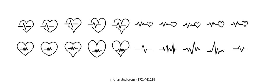 Stroke vector heartbeat line icons. Pixel perfect signs isolated on a white background. Heartbeat pictograms in trendy outline style.