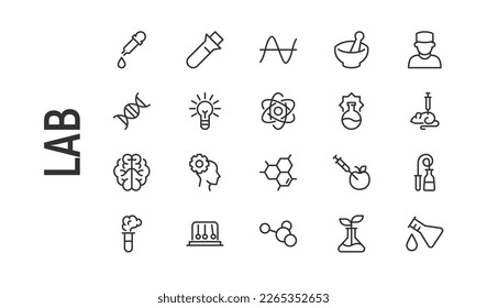 Stroke vector lab line icons. Pixel perfect signs isolated on a white background. Minimal lab pictograms in trendy outline style.