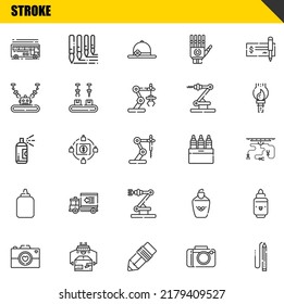 stroke vector line icons set. bus, camera and paint Icons. Thin line design. Modern outline graphic elements, simple stroke symbols stock illustration