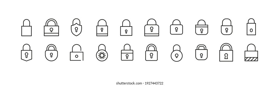 Stroke vector lock line icons. Pixel perfect signs isolated on a white background. Lock pictograms in trendy outline style.