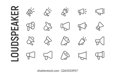 Stroke vector loudspeaker line icons. Pixel perfect signs isolated on a white background. Minimal loudspeaker pictograms in trendy outline style.