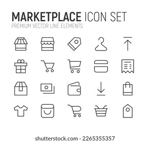 Iconos de línea de mercado vectorial de trazo. Las señales perfectas de Pixel están aisladas en un fondo blanco. Pictogramas de mercado mínimos con un estilo de contorno de moda.