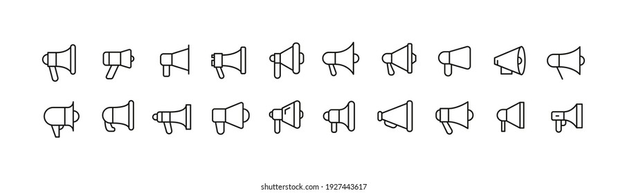 Stroke vector megaphone line icons. Pixel perfect signs isolated on a white background. Megaphone pictograms in trendy outline style.