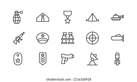Iconos de línea militar vectorial de trazo. Las señales perfectas de Pixel están aisladas en un fondo blanco. Pictogramas militares mínimos en un estilo de diseño.