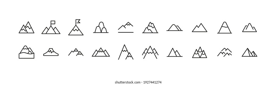 Stroke vector mountain line icons. Pixel perfect signs isolated on a white background. Mountain pictograms in trendy outline style.