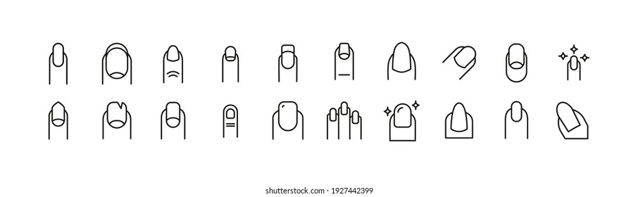 Stroke vector nail line icons. Pixel perfect signs isolated on a white background. Nail pictograms in trendy outline style.