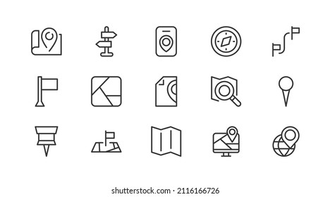 Stroke vector navigation line icons. Pixel perfect signs isolated on a white background. Minimal navigation pictograms in trendy outline style.