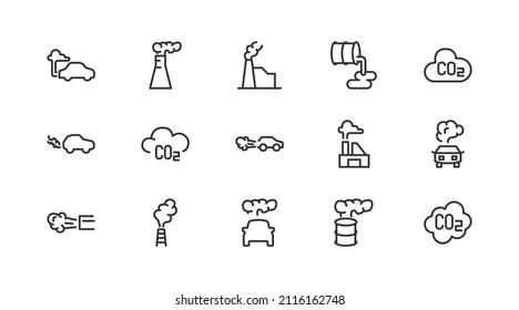 Stroke vector pollution  line icons. Pixel perfect signs isolated on a white background. Minimal pollution  pictograms in trendy outline style.