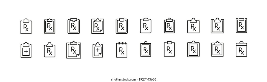 Stroke vector prescription line icons. Pixel perfect signs isolated on a white background. Prescription pictograms in trendy outline style.