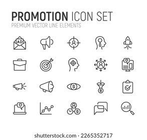 Stroke vector promotion line icons. Pixel perfect signs isolated on a white background. Minimal promotion pictograms in trendy outline style.