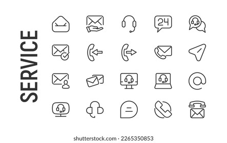 Stroke vector service line icons. Pixel perfect signs isolated on a white background. Minimal service pictograms in trendy outline style.