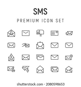 Stroke vector sms line icons. Pixel perfect signs isolated on a white background. Minimal sms pictograms in trendy outline style.
