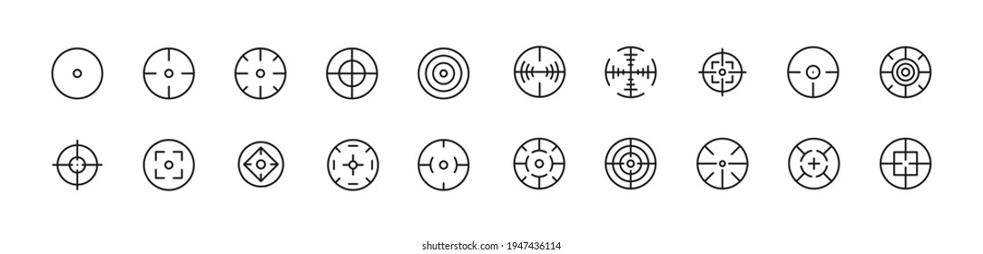 Stroke vector target line icons. Pixel perfect signs isolated on a white background. Target pictograms in trendy outline style.