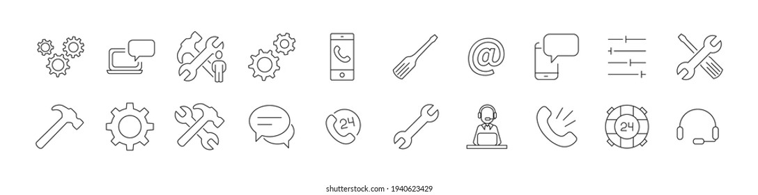 Stroke vector technical support line icons. Pixel perfect signs isolated on a white background. Technical support pictograms in trendy outline style.