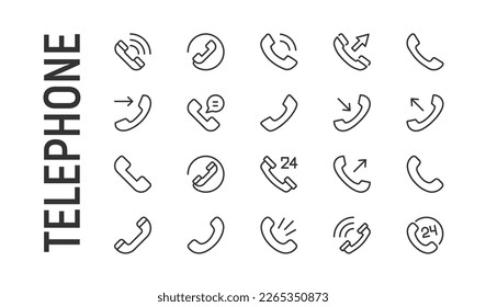 Stroke vector telephone line icons. Pixel perfect signs isolated on a white background. Minimal telephone pictograms in trendy outline style.