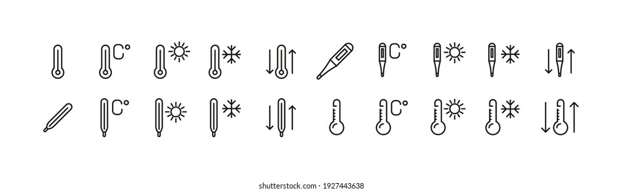 Stroke vector thermometer line icons. Pixel perfect signs isolated on a white background. Thermometer pictograms in trendy outline style.