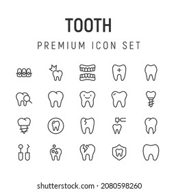 Stroke vector tooth line icons. Pixel perfect signs isolated on a white background. Minimal tooth pictograms in trendy outline style.