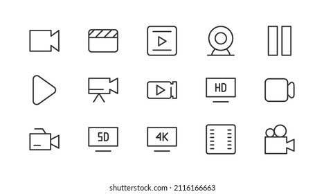 Stroke vector video line icons. Pixel perfect signs isolated on a white background. Minimal video pictograms in trendy outline style.