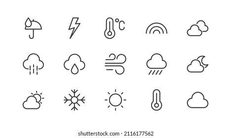 Stroke vector weather  line icons. Pixel perfect signs isolated on a white background. Minimal weather  pictograms in trendy outline style.