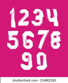 Stroked white numbers set drawn with real ink brush, vector over color numerals collection.