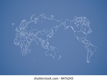 Stroked world map illustration with nation borders on a gradient background.