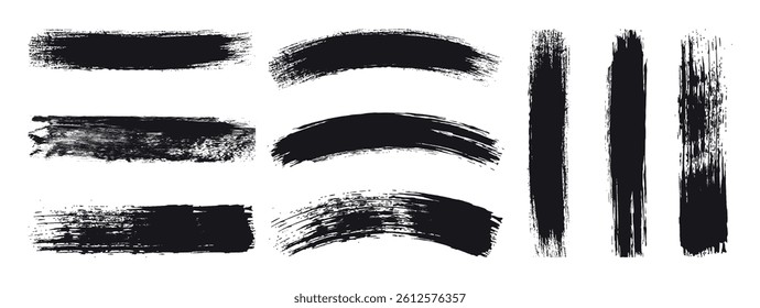Strokes of black paint, brush, roller, spatula. Collection of brushes. Paintbrush. Artistic Grunge Texture. Smears of paint on a transparent background for your design