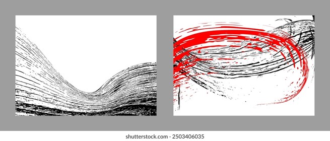 Striche von schwarz-roter Farbe auf weißem Hintergrund. Satz von zwei Vorlagen. Graffiti-Element. Designvorlage für die Gestaltung von Bannern, Plakaten, Broschüren, Covern, Zeitschriften. EPS 10