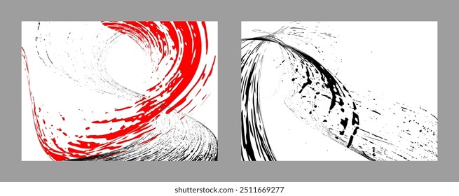 Traços de tinta preta e vermelha sobre um fundo branco. Conjunto de dois modelos. Elemento de grafite. Modelo de design para o design de banners, cartazes, livretos, capas, revistas. EPS 10