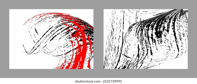 Traços de tinta preta e vermelha sobre um fundo branco. Conjunto de dois modelos. Elemento de grafite. Modelo de design para o design de banners, cartazes, livretos, capas, revistas. EPS 10