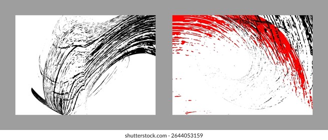 Traços de tinta preta e vermelha sobre um fundo branco. Conjunto de dois modelos. Elemento de grafite. Modelo de design para o design de banners, cartazes, livretos, capas, revistas. EPS 10