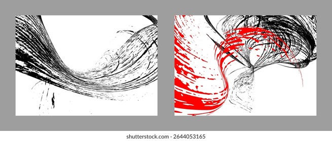 Trazos de pintura negra y roja sobre un fondo blanco. Conjunto de dos Plantillas. Elemento de graffiti. Plantilla de diseño para el diseño de Anuncios, carteles, folletos, portadas, revistas. EPS 10