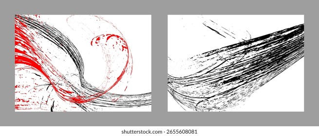 Traços de tinta preta e vermelha sobre um fundo branco. Conjunto de dois modelos. Elemento de grafite. Modelo de design para o design de banners, cartazes, livretos, capas, revistas. EPS 10