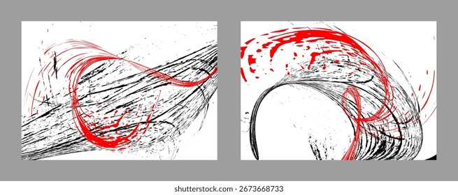 Trazos de pintura negra y roja sobre un fondo blanco. Conjunto de dos Plantillas. Elemento de graffiti. Plantilla de diseño para el diseño de Anuncios, carteles, folletos, portadas, revistas