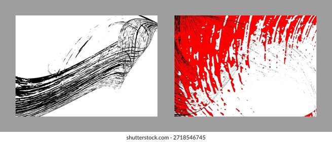 Trazos de pintura negra y roja sobre un fondo blanco. Conjunto de dos Plantillas. Elemento de graffiti. Plantilla de diseño para el diseño de Anuncios, carteles, folletos, portadas, revistas. EPS 10