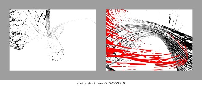 Trazos de pintura negra y roja. Conjunto de dos Plantillas. Elemento de graffiti. Plantilla de diseño para el diseño de Anuncios, carteles, folletos, portadas, revistas. EPS 10