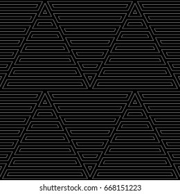 Strokes and blocks wallpaper. White hollow figures on black background. Seamless surface pattern design with linear ornament. Interlocking slabs motif. Digital paper with triangles and trapezoids.