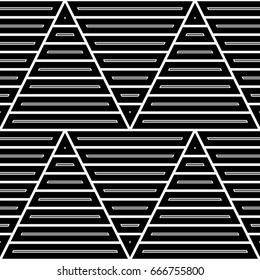 Strokes and blocks wallpaper. White zigzag lines on striped background. Seamless surface pattern design with linear ornament. Broken lines motif. Digital paper with dashed stripes. Vector art.