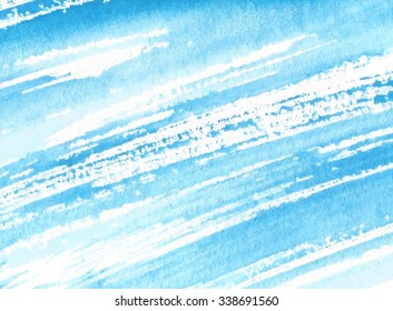 Strokes blue watercolor brush painting horizontal vector decorative banner. Hand drawn abstract water paper texture background. Artistic card for design, wallpaper, cover, scrapbook, print, web 