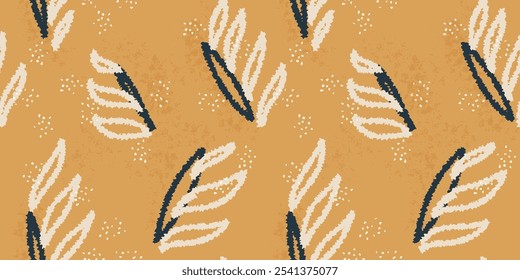 Strokes brush abstract organic shapes seamless pattern. Vintage yellow background with vector hand drawn unique forms and texture print. Contemporary plain repeated ornament