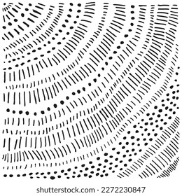 Los golpes y los puntos radian el patrón. Esbozo dibujado a mano. Negro sobre blanco, lápiz de tinta, doodle libre arte abstracto.