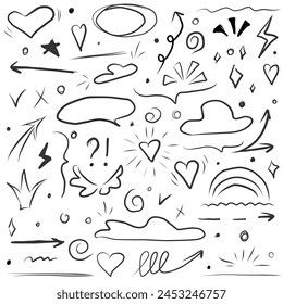 Strokes and highlighting, speech bubbles and underlines, glitter elements and hearts, clouds and arrows, ticks and crosses. Vector. Illustration
