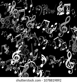Strokes of Musical Notes. Abstract Background with Notes, Bass and Treble Clefs. Vector Element for Musical Poster, Banner, Advertising, Card. Minimalistic Simple Background.