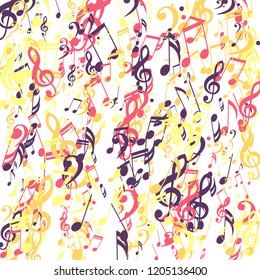 Strokes of Musical Notes. Abstract Background with Notes, Bass and Treble Clefs. Vector Element for Musical Poster, Banner, Advertising, Card. Minimalistic Simple Background.