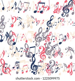 Strokes of Musical Notes. Abstract Background with Notes, Bass and Treble Clefs. Vector Element for Musical Poster, Banner, Advertising, Card. Minimalistic Simple Background.