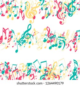 Strokes of Musical Notes. Abstract Background with Notes, Bass and Treble Clefs. Vector Element for Musical Poster, Banner, Advertising, Card. Minimalistic Simple Background.