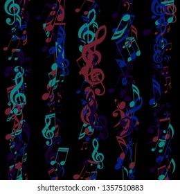 Strokes of Musical Notes. Abstract Background with Notes, Bass and Treble Clefs. Vector Element for Musical Poster, Banner, Advertising, Card. Minimalistic Simple Background.