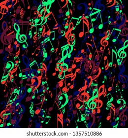 Strokes of Musical Notes. Abstract Background with Notes, Bass and Treble Clefs. Vector Element for Musical Poster, Banner, Advertising, Card. Minimalistic Simple Background.