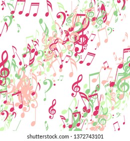 Strokes of Musical Notes. Abstract Background with Notes, Bass and Treble Clefs. Vector Element for Musical Poster, Banner, Advertising, Card. Minimalistic Simple Background.