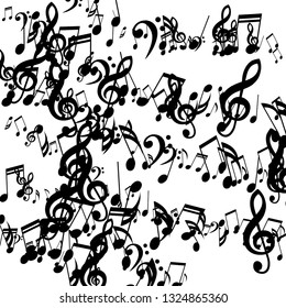 Strokes of Musical Notes. Creative Background with Notes, Bass and Treble Clefs. Vector Element for Musical Poster, Banner, Advertising, Card. Minimalistic Simple Background.