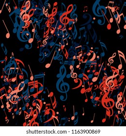 Strokes of Musical Notes. Modern Background with Notes, Bass and Treble Clefs. Vector Element for Musical Poster, Banner, Advertising, Card. Minimalistic Simple Background.